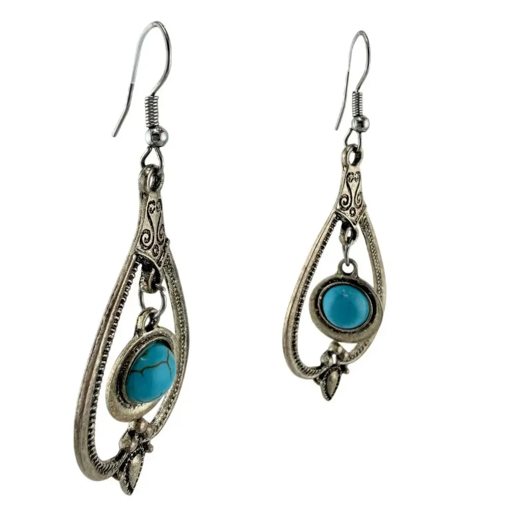 Sunnyouth Boho Southwest Style Faux Turquoise Teardrop Silver Tone 2.5